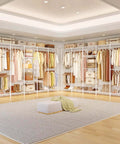 Extra Large Industrial Pipe Clothing Rack With Five Tier Shelves And Hanging Rods Freestanding Portable Closet Organizer System 88.6 Inches Wide Beefed Up Heavy Duty Wardrobe Holds Up To 1300 Lbs White, installed in a room.