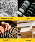 Collage showing metal and silver, jade rings, jewelry accessories, and wood materials for use with 10 Inch Dual Speed Bench Buffer Polisher With Three Quarter Horsepower Induction Motor And Heavy Duty Cast Iron Base For Jewelry Metal Wood Rock Garage And Workshop Use 1750 Or 3450 RPM DIY Friendly.