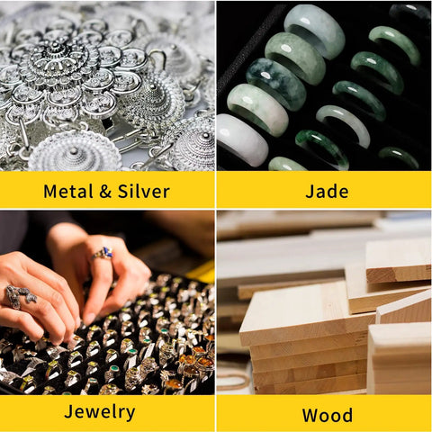 Collage showing metal and silver, jade rings, jewelry accessories, and wood materials for use with 10 Inch Dual Speed Bench Buffer Polisher With Three Quarter Horsepower Induction Motor And Heavy Duty Cast Iron Base For Jewelry Metal Wood Rock Garage And Workshop Use 1750 Or 3450 RPM DIY Friendly.