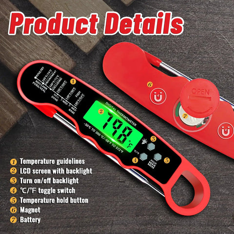 Instant Read Digital Meat Thermometer With Backlight And Magnetic Mount For Kitchen And Grilling, detailed product view.
