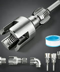Four In One Pipe Wrench And Threader Kit For Pvc Pipes Electric Drill compatible tools showcasing pipe threaders and tap set.