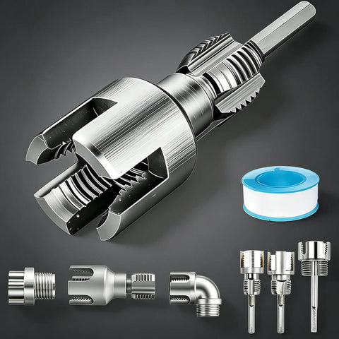 Four In One Pipe Wrench And Threader Kit For Pvc Pipes Electric Drill compatible tools showcasing pipe threaders and tap set.
