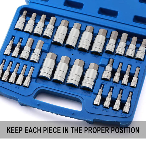 33-piece Master Hex Bit Socket Set in blue case, SAE and metric sizes with CR V chrome vanadium base and S2 alloy steel bits.