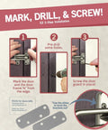 Installation steps for Swing Bar Door Lock for front and back doors, heavy duty childproof door guard in satin nickel finish.