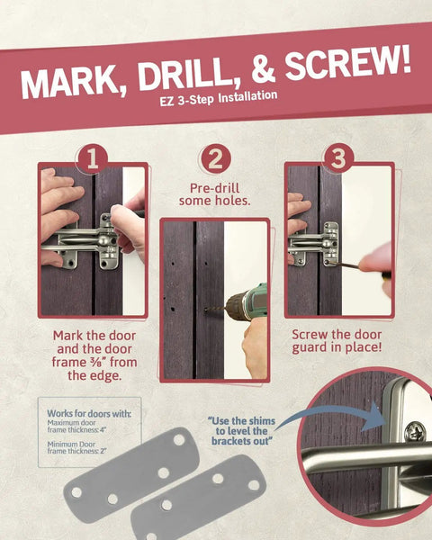 Installation steps for Swing Bar Door Lock for front and back doors, heavy duty childproof door guard in satin nickel finish.