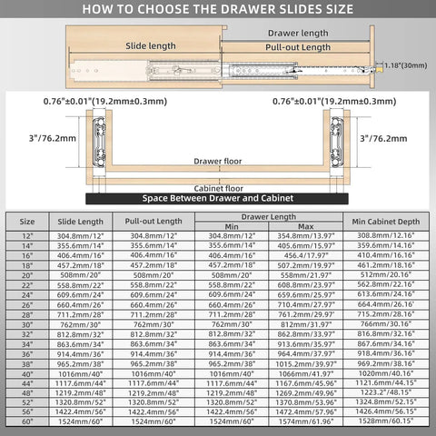 Diagram showing size options for Heavy Duty Drawer Slides With Lock For Cabinets And Tool Drawers, 12 to 60 inch length options.