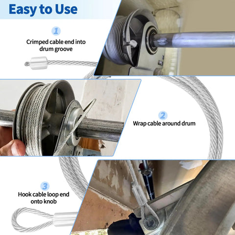 Heavy Duty 8 Ft 6 In Garage Door Cables For 7 Ft Doors, Torsion Spring Replacement Drums, showing cable attachment steps