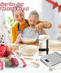 Ultimate Sourdough Starter Kit With Scale Glass Jar And Banneton Proofing Basket For Newbie Bakers shown with gifts and baking tools