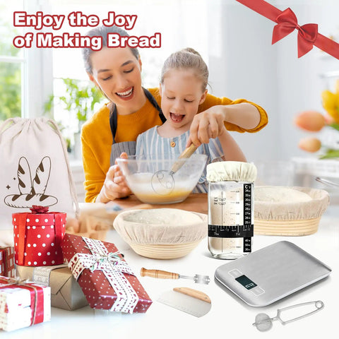 Ultimate Sourdough Starter Kit With Scale Glass Jar And Banneton Proofing Basket For Newbie Bakers shown with gifts and baking tools