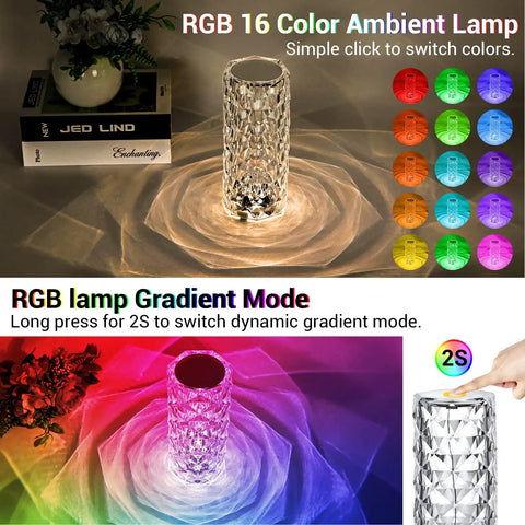 Rose Lamp With 16 Colors RGB Night Light in diamond-cut acrylic, shown with gradient mode and touch control.