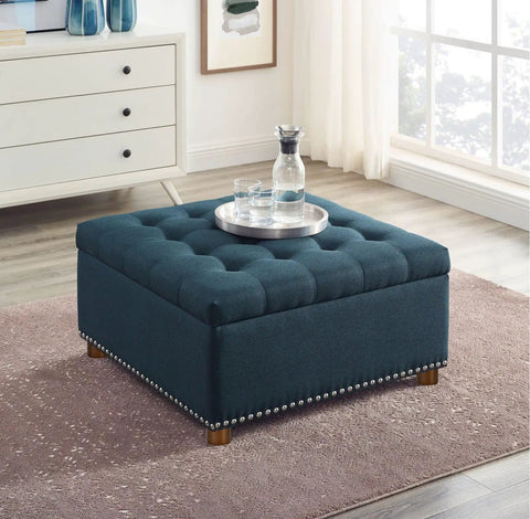 Solid Round Wooden Furniture Legs Set Of Four With Predrilled M8 Screw Threads For Diy Couch Dresser And Chair Swap To Level Up Your Home With Zero Hassle on ottoman with tufted blue fabric.