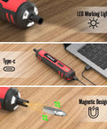 4V Cordless Electric Screwdriver Kit With LED Work Light charging via Type-C, showing magnetic bit design and LED light feature.