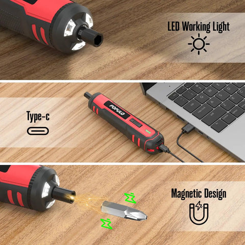 4V Cordless Electric Screwdriver Kit With LED Work Light charging via Type-C, showing magnetic bit design and LED light feature.