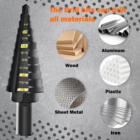 Step Drill Bit Set 5 Pc High Speed Steel Black Oxide HSS Pro Grade For Fast Hole Cutting in Metal and Stainless Steel, SAE