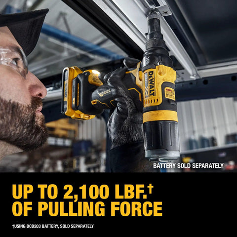 Dewalt 20V Max Xr Cordless Rivet Tool Dcf403B Bare Unit with brushless motor, user installing rivet in construction area.