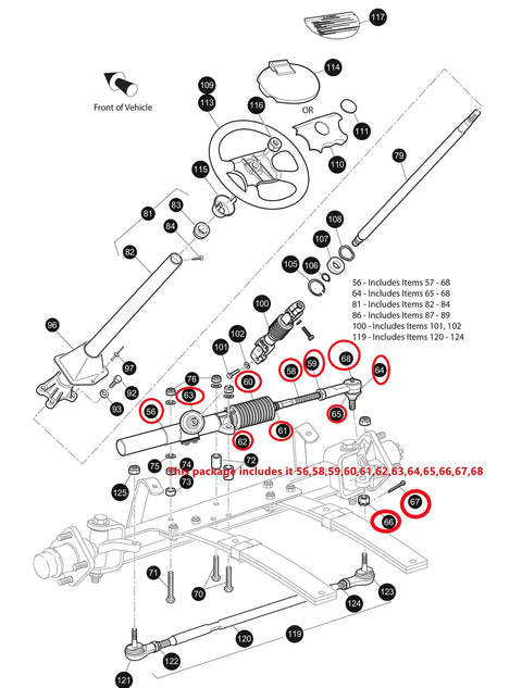 Diagram of EZGO Golf Cart Steering Gear Box Assembly One Piece For TXT RXV MPT 2001 And Up Rack And Pinion Front Axle Mounted