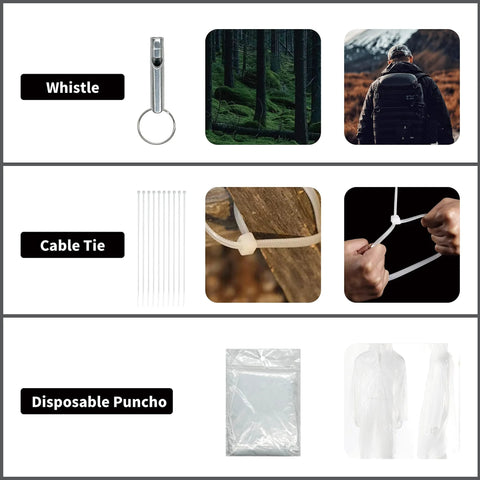 Rhino Rescue survival first aid kit with whistle, cable ties, and ponchos in green Molle pouch; front view.