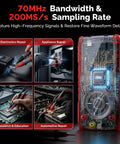 70MHz Dual Channel Handheld Oscilloscope And 3 In 1 Digital Multimeter With Signal Generator Pro Grade Performance 200 MSPS Sampling Rate 20000 Counts True RMS Type C Fast Charge Portable Black And Red shown with electronics repair use.