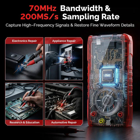 70MHz Dual Channel Handheld Oscilloscope And 3 In 1 Digital Multimeter With Signal Generator Pro Grade Performance 200 MSPS Sampling Rate 20000 Counts True RMS Type C Fast Charge Portable Black And Red shown with electronics repair use.