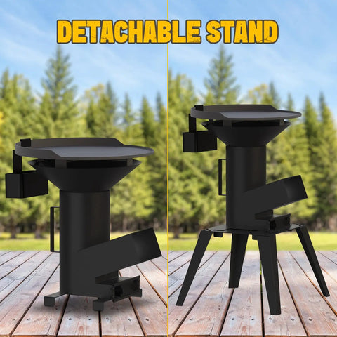 Two views of Three In One Camp Rocket Stove Kit With Griddle Grill And Pot Rack Portable Wood Burning Stove With Detachable Stand