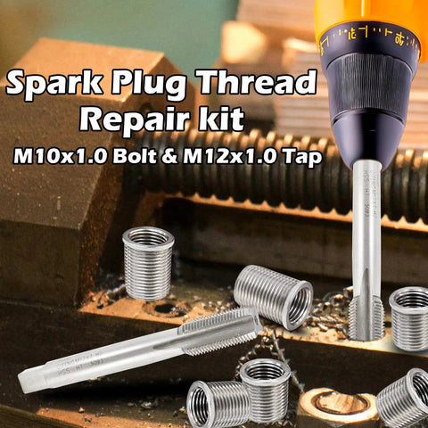 Spark Plug Thread Repair Kit With M10 X 1.0 Bolt And M12 X 1.0 Tap, Stainless Steel Helicoil Set for auto engines on workbench