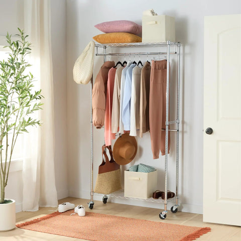 Hella Durable Adjustable Rolling Garment Rack Double Hanging Rods And Mobile Storage Shelves For Fast Closet Upgrades Heavy Duty Steel Wardrobe Stand With Smooth Swivel Wheels