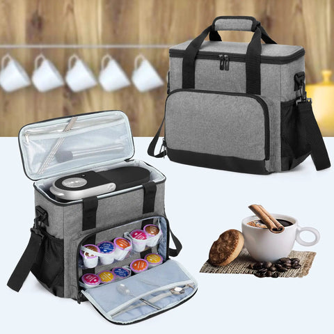 Portable Coffee Maker Travel Bag For Keurig K Mini And K Mini Plus With Multiple Pockets For K Cups, gray cushioning carry case.