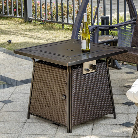 28 Inch Wicker Propane Fire Pit Table For Outdoor Use With 50,000 BTU Gas Fire Pit And Lid, Lava Rocks Included, brown rattan