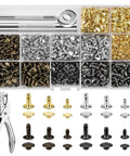 Pro-Grade Leather Rivets Kit With 480 Pieces In 3 Sizes And 4 Colors, rivets and tools displayed in a plastic organizer