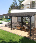 Side view of 10 Ft By 20 Ft Lean To Gazebo With Hardtop Metal Pergola And Polycarbonate Roof, Wall Mounted Heavy Duty Awnings on patio