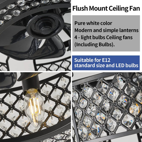 18 Inch Lit Crystal Lantern Ceiling Fan Light With Remote Industrial Chandelier Style Black Finish Includes Bulb K9 Crystal Cage Close-up
