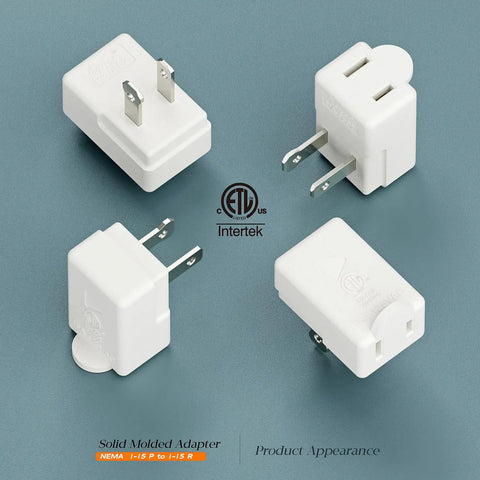 Right Angle Nema 1-15P To Nema 1-15R Power Adapter Vertical Down Angled 2 Prong 15 Amp 125 Volt ETL Certified Fireproof High Heat Resistant