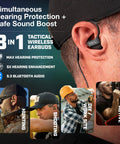 Person wearing GS Extreme 3.0 Shooting Ear Protection Earbuds With SonicShieldX Noise Cancellation And 5x Hearing Boost. Tactical use shown.