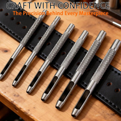 Six Size Hollow Leather Punch Set With Knurled Grip For Belts And Watch Straps Carbon Steel Hole Punch Tools Pro Grade 1.5mm To 4mm Easy To Use For Leather Craft With Size Markings For Diy Projects lying on leather surface