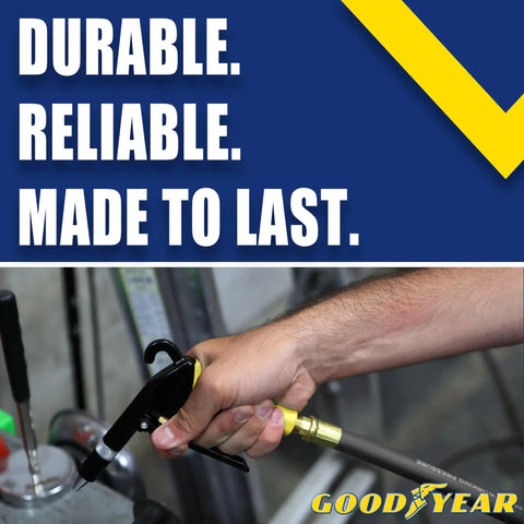 Person using 6 Foot Rubber Whip Hose 3/8 Inch with Brass 1/4 NPT end fittings, showing durability, weather resistance, and Goodyear branding.