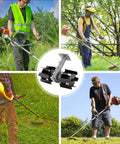 Four people using Weed Removal Hand Tool With Tiller Cultivator Wheel Rotary Grass Cutter Attachment for lawn care.