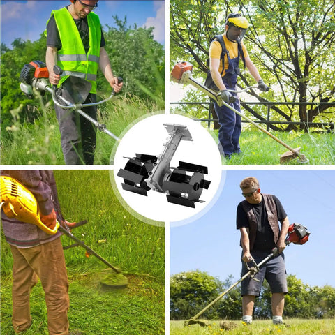 Four people using Weed Removal Hand Tool With Tiller Cultivator Wheel Rotary Grass Cutter Attachment for lawn care.