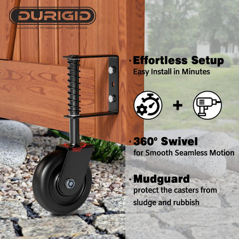 Rock Solid 4.3 Inch Spring Loaded Gate Wheel Heavy Duty Casters for Wood Fence Gates showing 360° swivel design and black shock absorbing roller.