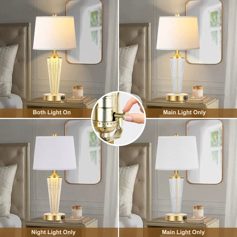 Gold Finish Table Lamp Set Of 2 With Night Lights And USB Ports, Modern Bedside Lamps For Living Room Or Bedroom, 4-way switch