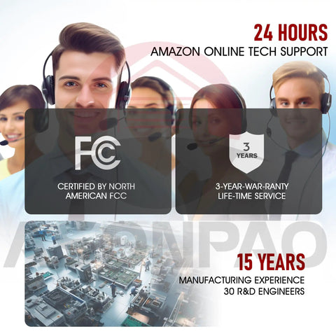Customer support team with headsets, FCC certification logo, 3-year warranty badge, and factory image with 15 years experience text