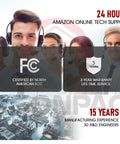Customer support team with headsets, FCC certification, 3-year warranty, and manufacturing experience showcased.