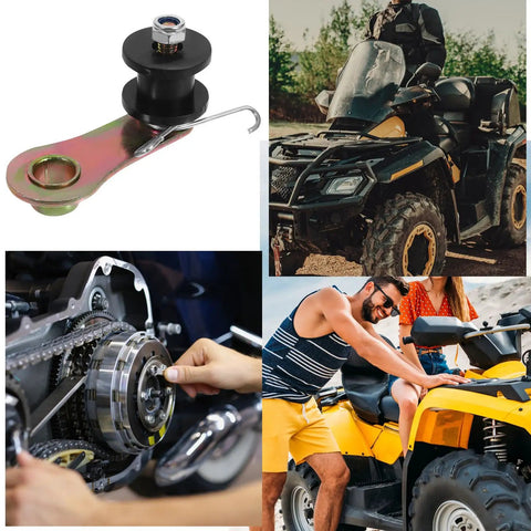 Heavy Duty Motorcycle Chain Tensioner Kit With Adjustable Roller Guide For Dirt Bikes And Road Cycles Easy Install Durable Iron Build Keeps Your Ride Sweet And Smooth No More Slack Chains Today, black iron chain guide on ATV