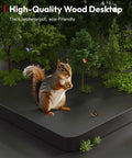 Squirrel on a high-quality wood desk surface with forest background, showcasing eco-friendly features.