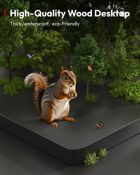 Squirrel on a high-quality wood desk surface with forest background, showcasing eco-friendly features.