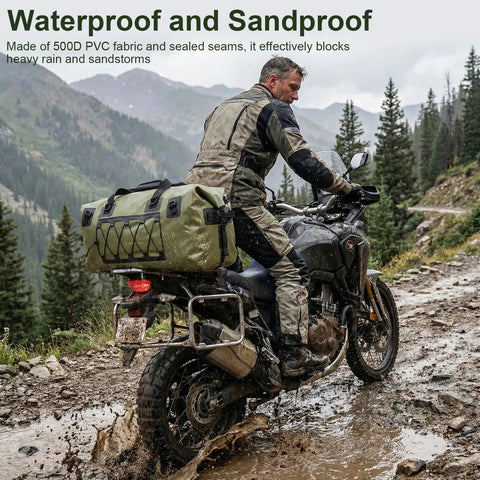 Motorcyclist with Heavy Duty 70L Roll Top Waterproof Duffel Bag For Kayaking, Rafting, Camping, And Motorcycle Rides on muddy trail