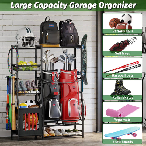 All In One Sports Gear Organizer For Home Garage Club And Basement With Dual Golf Bag Storage Rack and ball bins