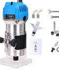 Compact Palm Router Kit For Woodworking With 800W 110V Electric Trimmer and accessories shown including wrenches and edge guide.