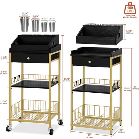 Large Makeup Organizer Cart With Hair Tool Holder Rolling Vanity Cart On Wheels With Drawer 2 In 1 Modular System Cosmetic Display Case For Skin Care Perfume Nail Polish And Tools Gold And Black