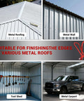 Image showing a tool shed and metal carport with labeled metal roofing and walls, suitable for Eaves Seam Bender for Roofer Pros and Metal Fab Pros.