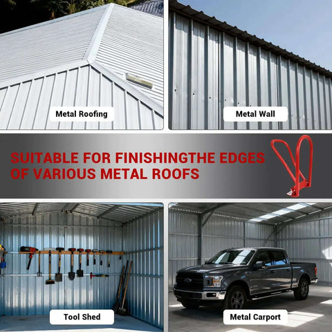 Image showing a tool shed and metal carport with labeled metal roofing and walls, suitable for Eaves Seam Bender for Roofer Pros and Metal Fab Pros.